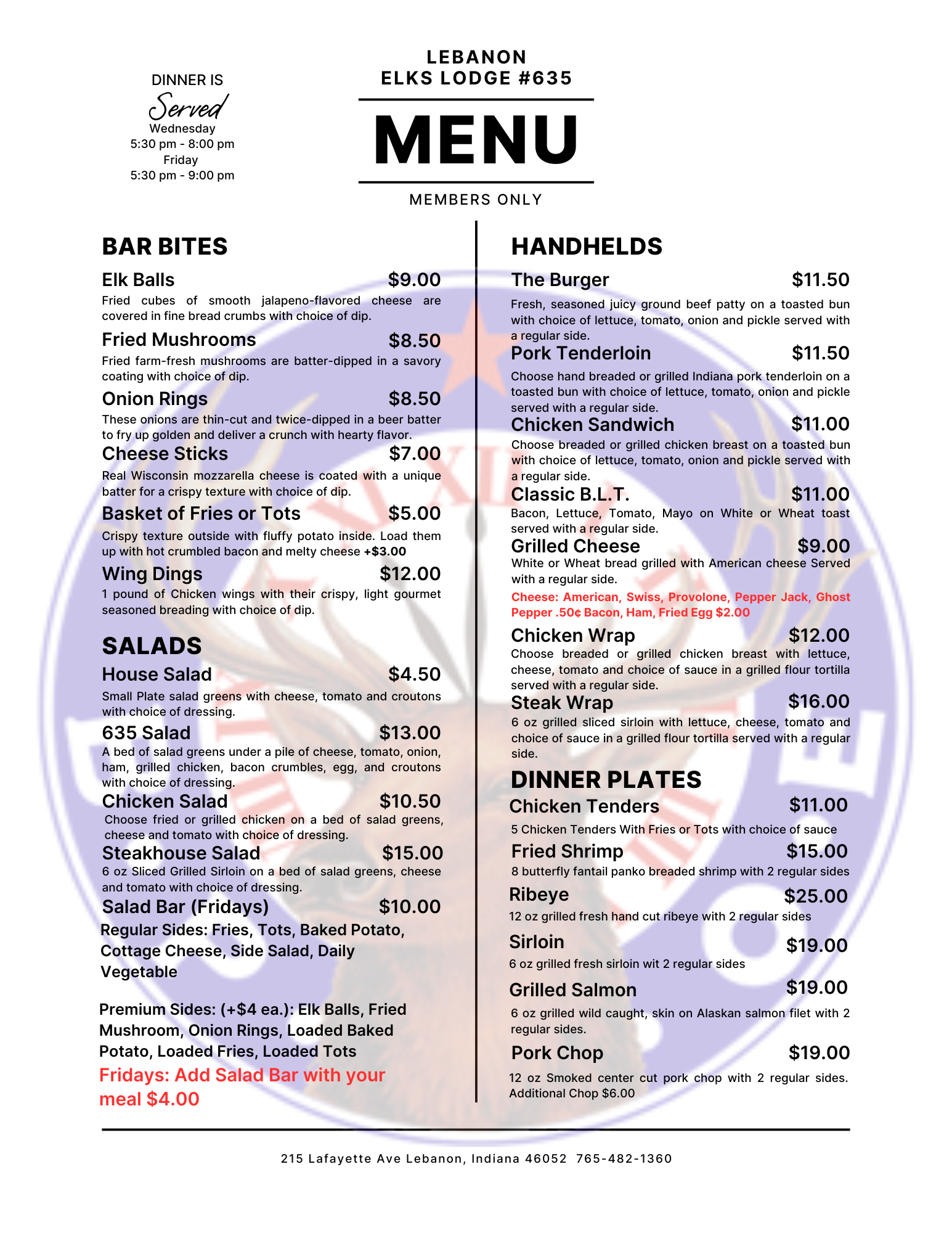Lebanon Elks Lodge Dinner Menu