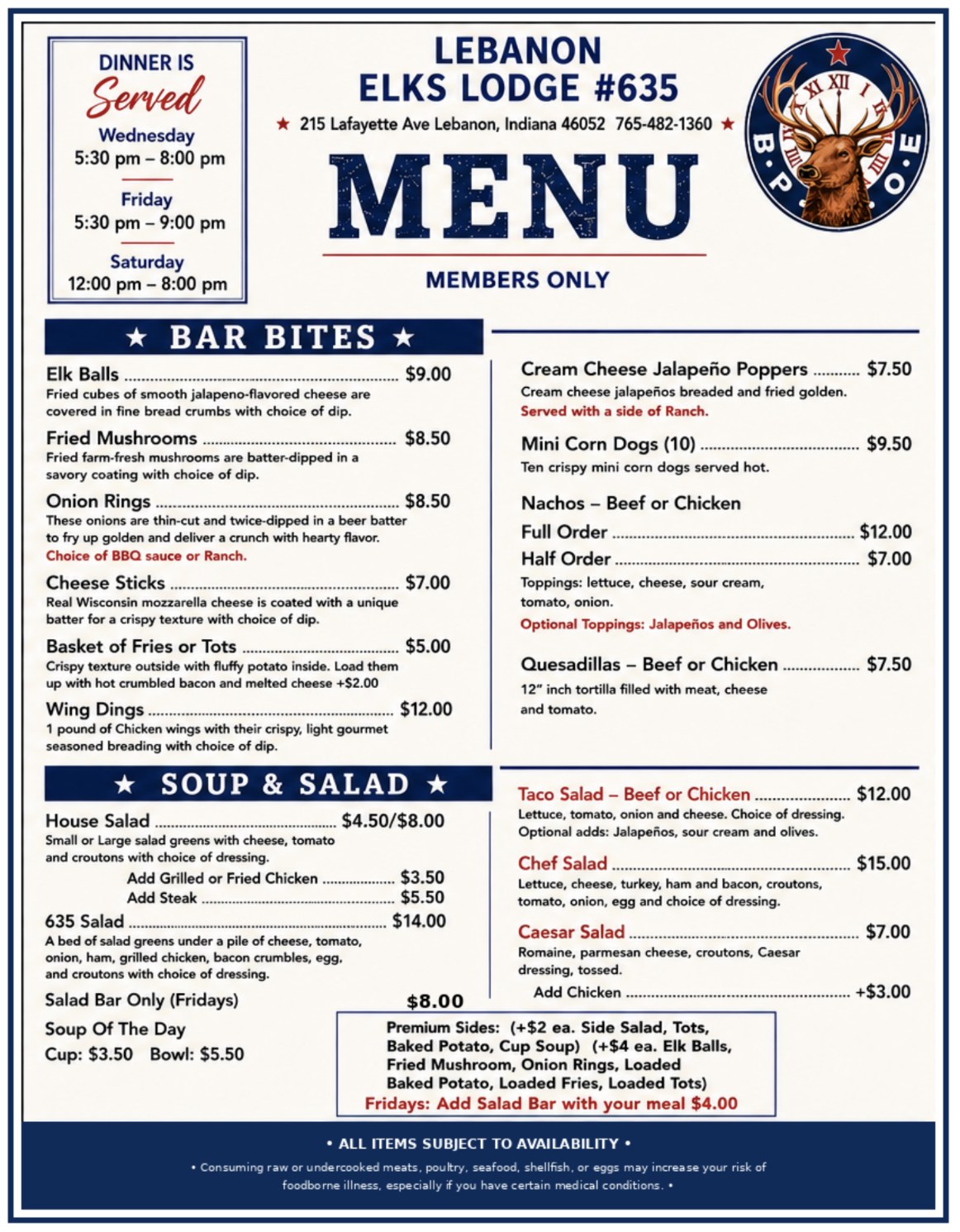Lebanon Elks Lodge Menu
